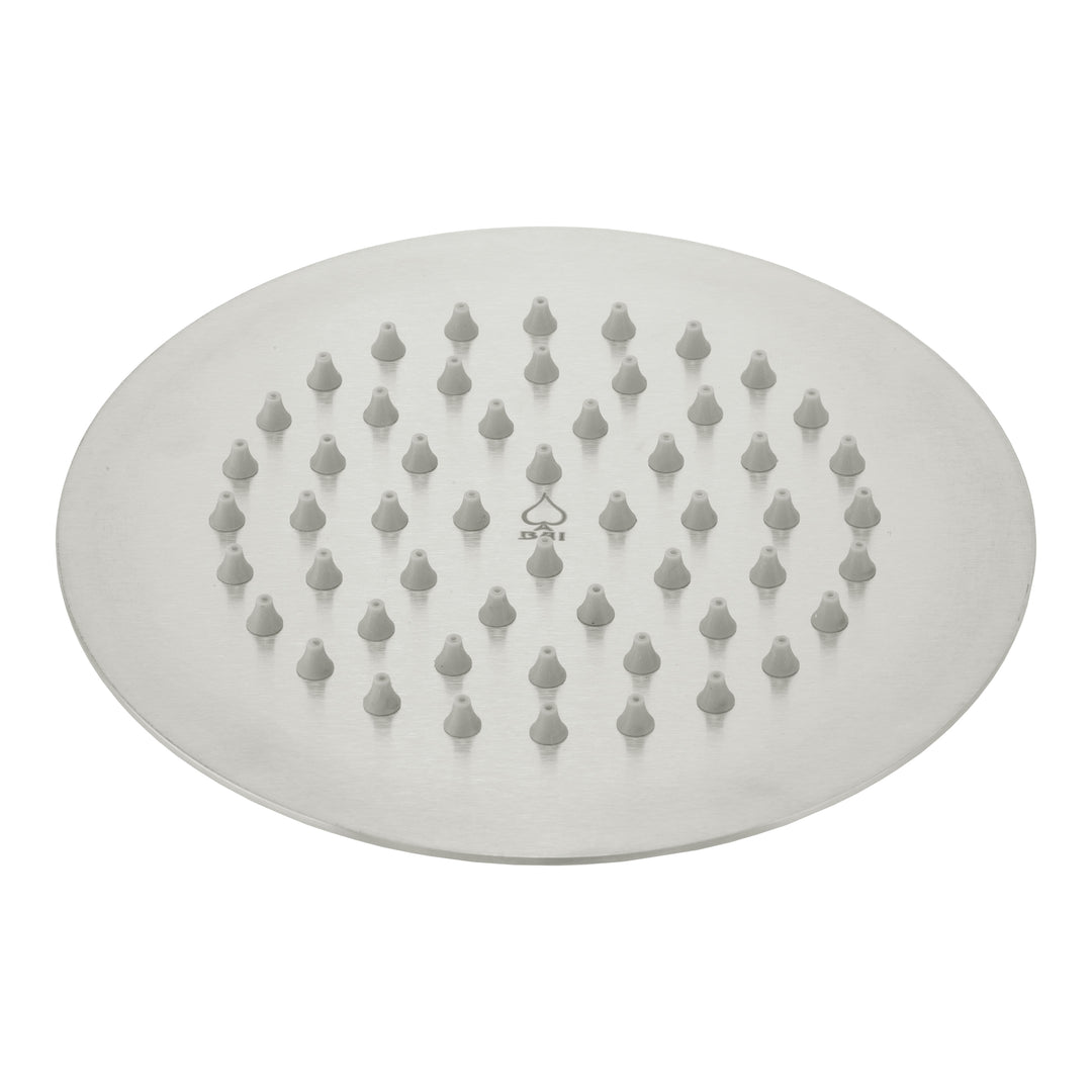 BAI 42001 round brushed nickel 6-inch shower head plate with multiple small gray silicone nozzles arranged in concentric circles, shown on a plain white background.