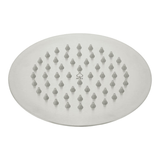 BAI 42001 round brushed nickel 6-inch shower head plate with multiple small gray silicone nozzles arranged in concentric circles, shown on a plain white background.