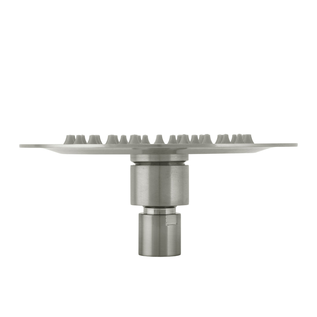 BAI 42001 round brushed nickel 6-inch shower head plate with multiple small gray silicone nozzles arranged in concentric circles, shown on a plain white background.