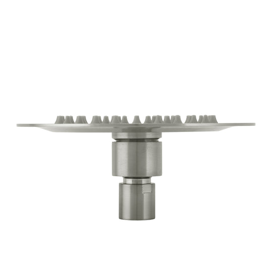 BAI 42001 round brushed nickel 6-inch shower head plate with multiple small gray silicone nozzles arranged in concentric circles, shown on a plain white background.