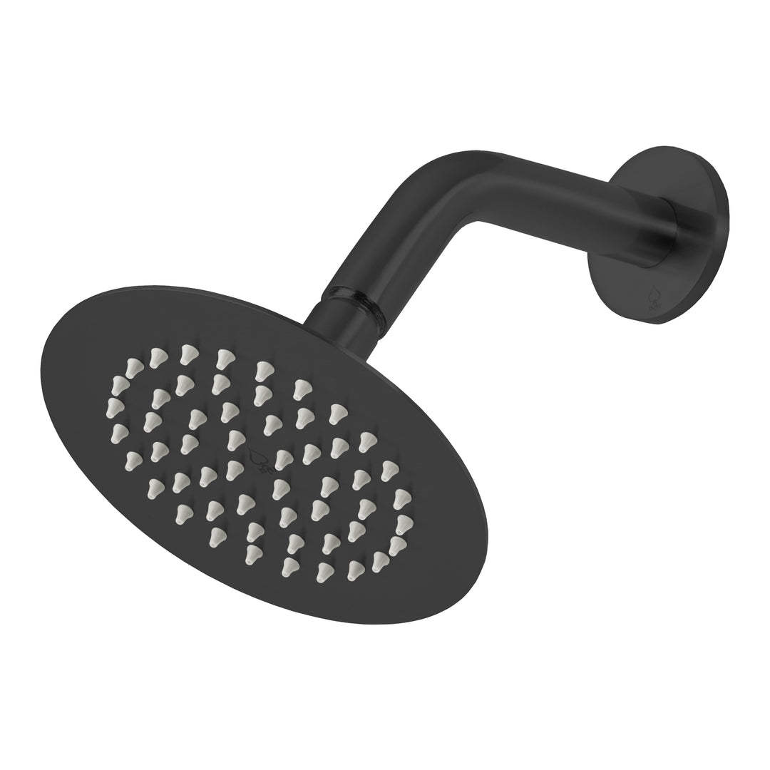 BAI 42002 round matte black 6-inch shower head plate with multiple small gray silicone nozzles arranged in concentric circles, shown on a plain white background.