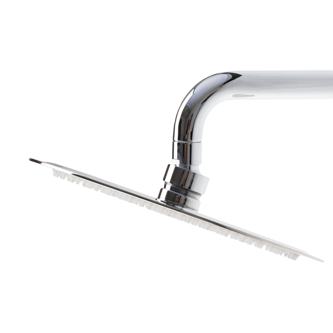 A round shaped 10-inch rain shower head with a polished chrome finish with gray rubber silicone nozzles shown against a plain white background sold by BAI showing its swivel function.