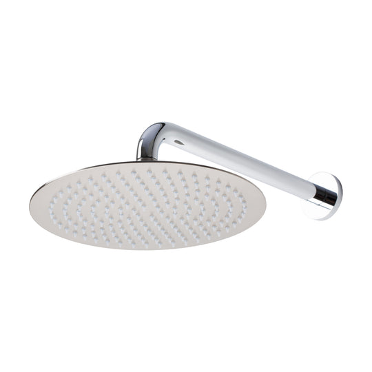 A round shaped 10-inch rain shower head with a brushed nickel finish with gray rubber silicone nozzles shown against a plain white background sold by BAI.