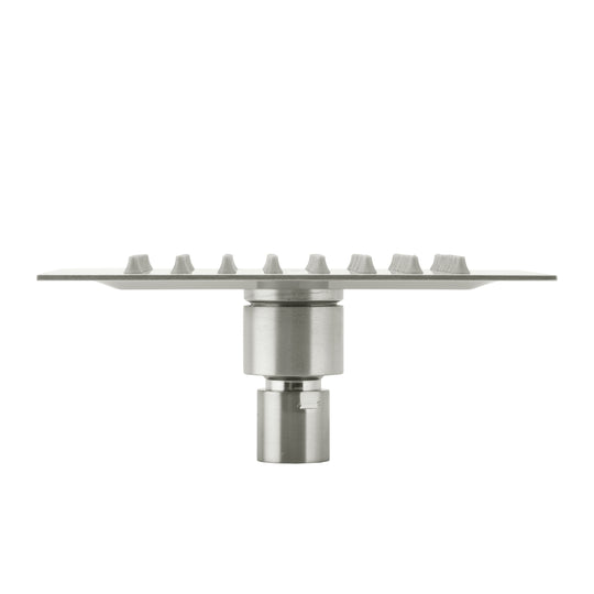 BAI 42041 square brushed nickel 6-inch shower head plate with multiple small gray silicone nozzles shown on a plain white background side view.