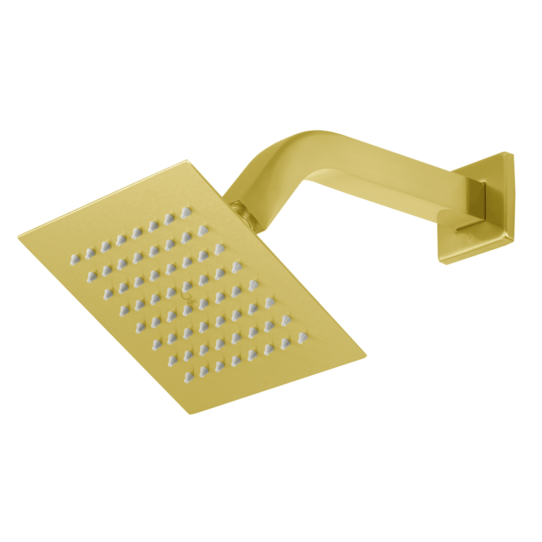 BAI 42043 square brushed gold 6-inch shower head plate with multiple small gray silicone nozzles shown on a plain white background.
