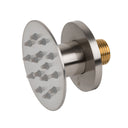 BAI 45021 modern thin profile design brushed nickel adjustable round shower body jet spray with a brass threaded connection, shown on a solid white background.