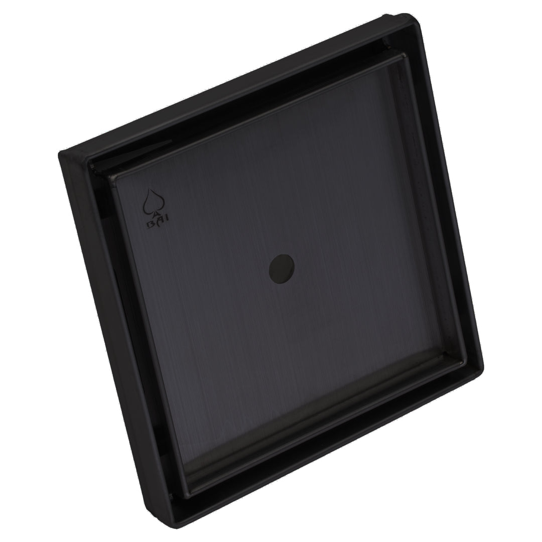 BAI 47001 Stainless Steel 5-inch Tile Insert Square Shower Drain in Matte Black shown against a white plain background.