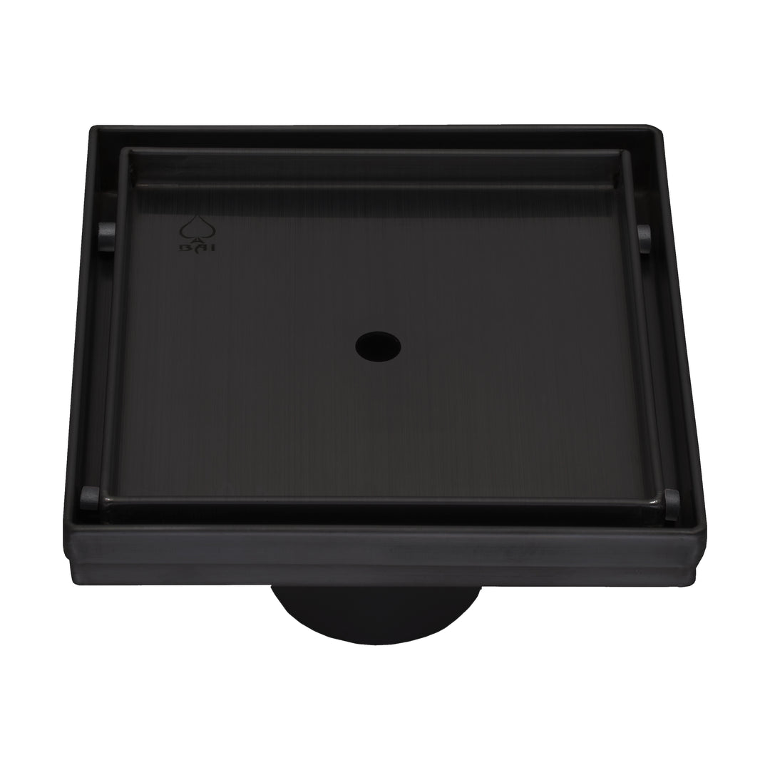 BAI 47001 Stainless Steel 5-inch Tile Insert Square Shower Drain in Matte Black shown against a white plain background.