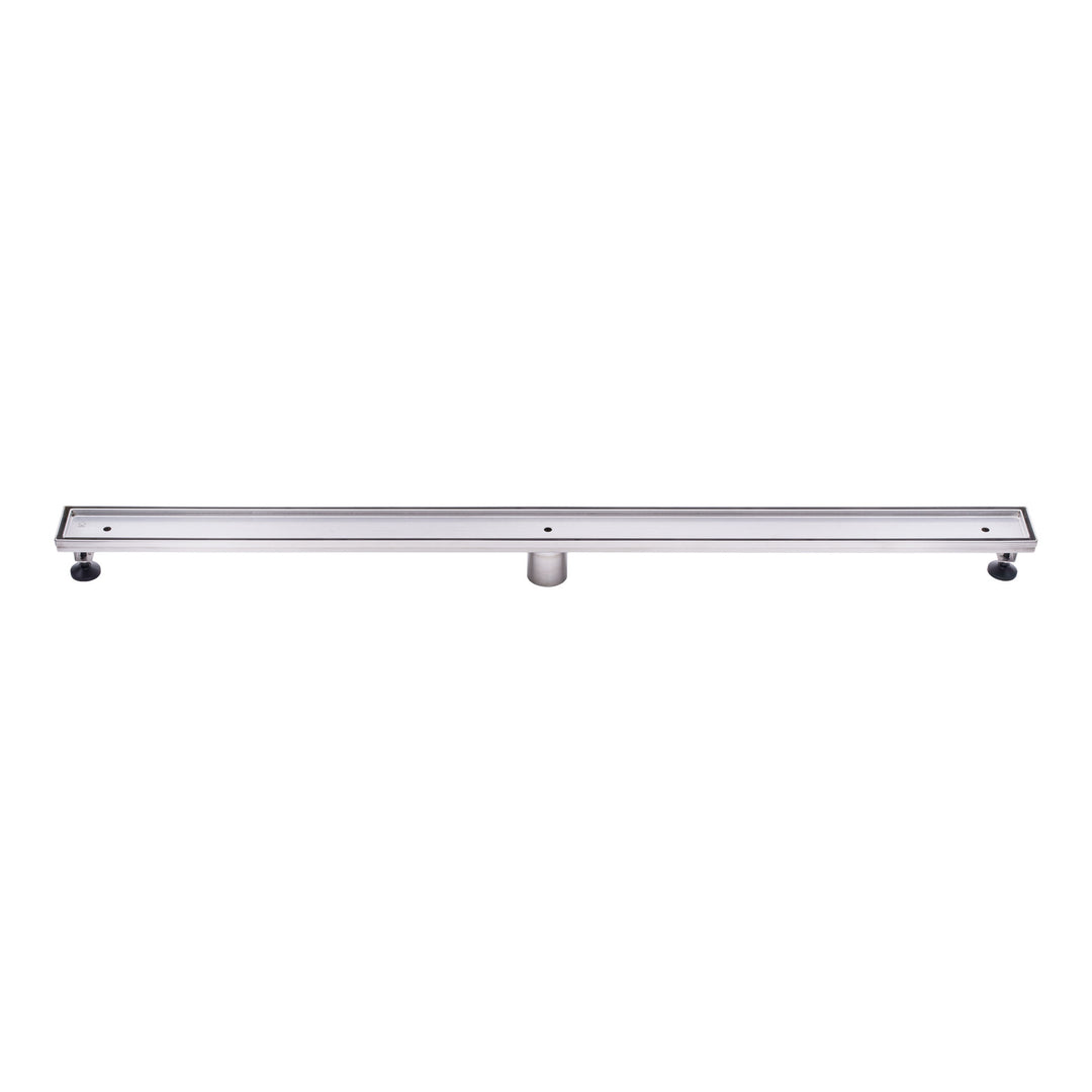 A 48-inch stainless steel linear shower drain with a tile-insert design, featuring adjustable legs and a removable grate.