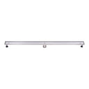 A 48-inch stainless steel linear shower drain with a tile-insert design, featuring adjustable legs and a removable grate.