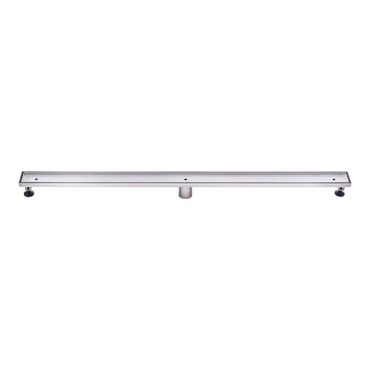 A 48-inch stainless steel linear shower drain with a tile-insert design, featuring adjustable legs and a removable grate.
