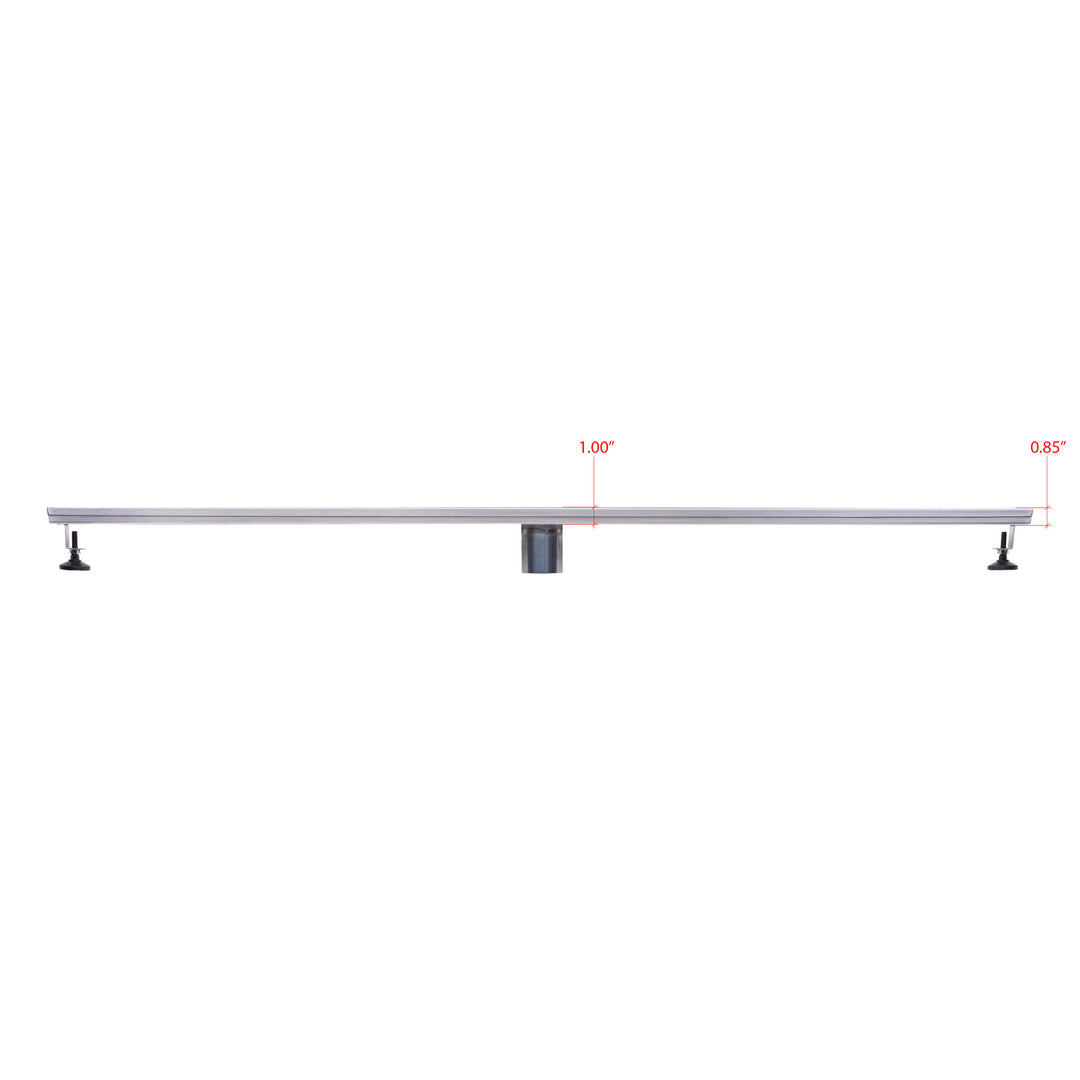 A 48-inch stainless steel linear shower drain with a tile-insert design, featuring adjustable legs and a removable grate.