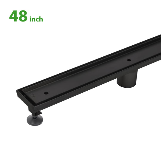 A 48-inch stainless steel linear shower drain in a matte black finish with a tile-insert design, featuring adjustable legs and a removable grate.