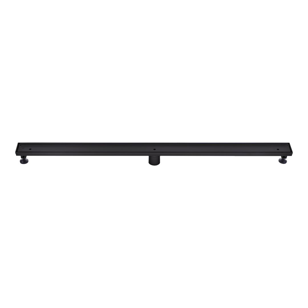 A 48-inch stainless steel linear shower drain in a matte black finish with a tile-insert design, featuring adjustable legs and a removable grate.