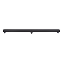 A 48-inch stainless steel linear shower drain in a matte black finish with a tile-insert design, featuring adjustable legs and a removable grate.