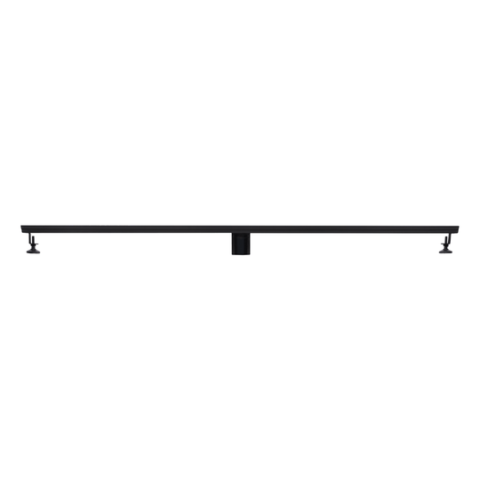 A 48-inch stainless steel linear shower drain in a matte black finish with a tile-insert design, featuring adjustable legs and a removable grate.