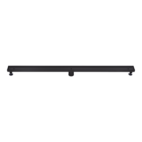 A 60-inch stainless steel linear shower drain in a matte black finish with a tile-insert design, featuring adjustable legs and a removable grate.