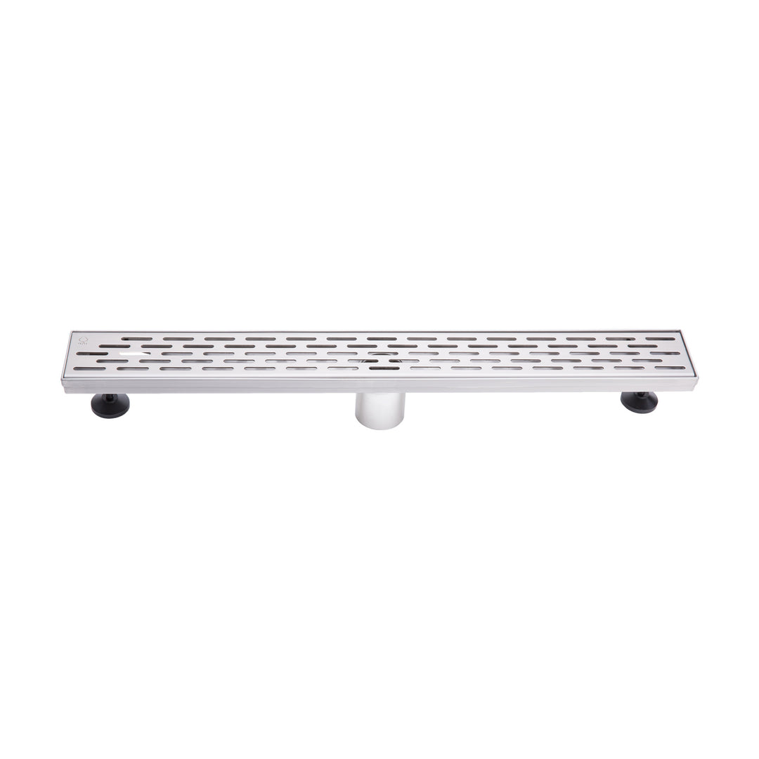 BAI 47070 Stainless Steel 24-inch Linear Shower Drain with adjustable leveling legs and a removable grate shown against a white background.
