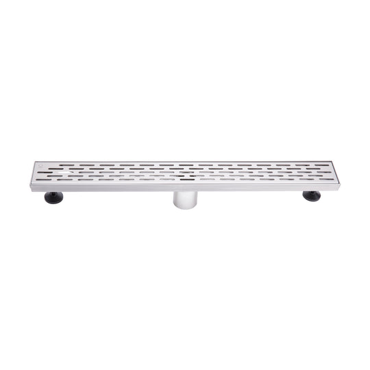 BAI 47070 Stainless Steel 24-inch Linear Shower Drain with adjustable leveling legs and a removable grate shown against a white background.