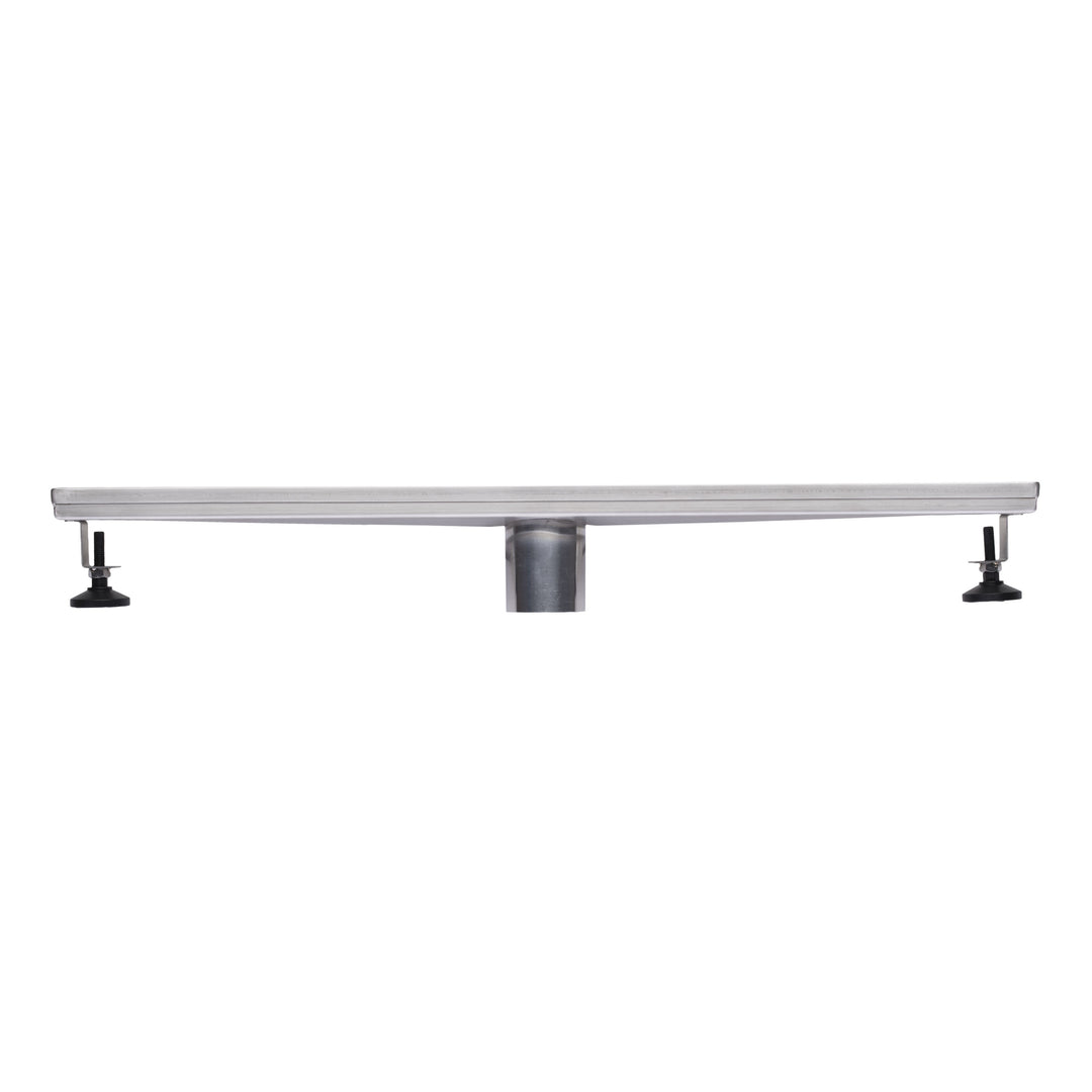 BAI 47070 Stainless Steel 24-inch Linear Shower Drain with adjustable leveling legs and a removable grate shown against a white background.