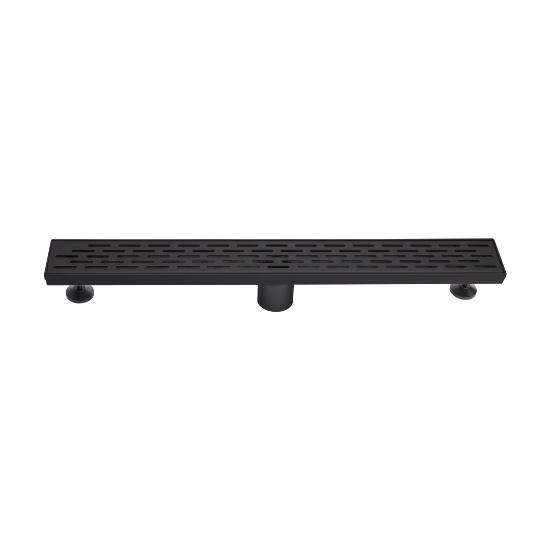 BAI 47071 Stainless Steel 24-inch Linear Shower Drain in a matte black finish with adjustable leveling legs and a removable grate shown against a white background.