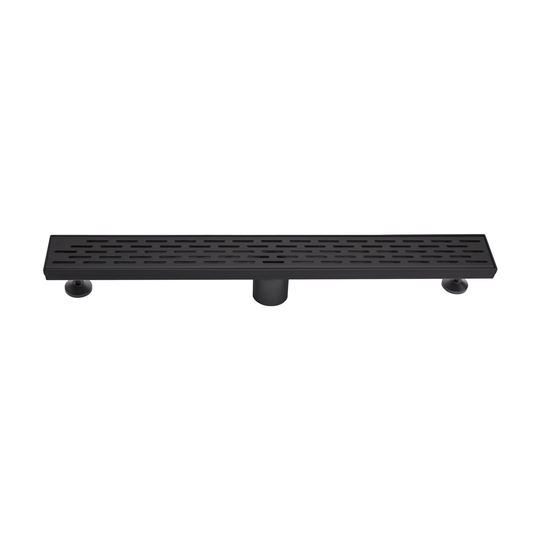 BAI 47071 Stainless Steel 24-inch Linear Shower Drain in a matte black finish with adjustable leveling legs and a removable grate shown against a white background.
