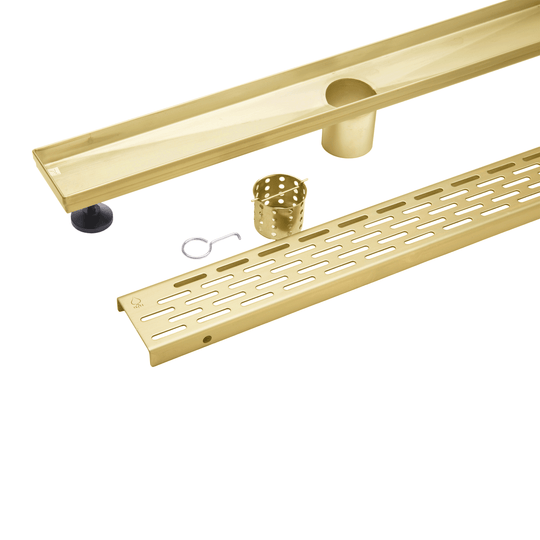 MegaBAI Stainless Steel Linear Shower Drain in a brushed gold finish with adjustable leveling legs and a removable grate shown against a white background.