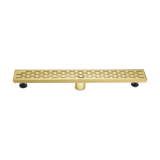 BAI 47072 Stainless Steel 24-inch Linear Shower Drain in a brushed gold finish with adjustable leveling legs and a removable grate shown against a white background.