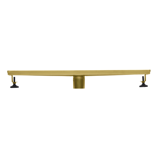 BAI 47072 Stainless Steel 24-inch Linear Shower Drain in a brushed gold finish with adjustable leveling legs and a removable grate shown against a white background.