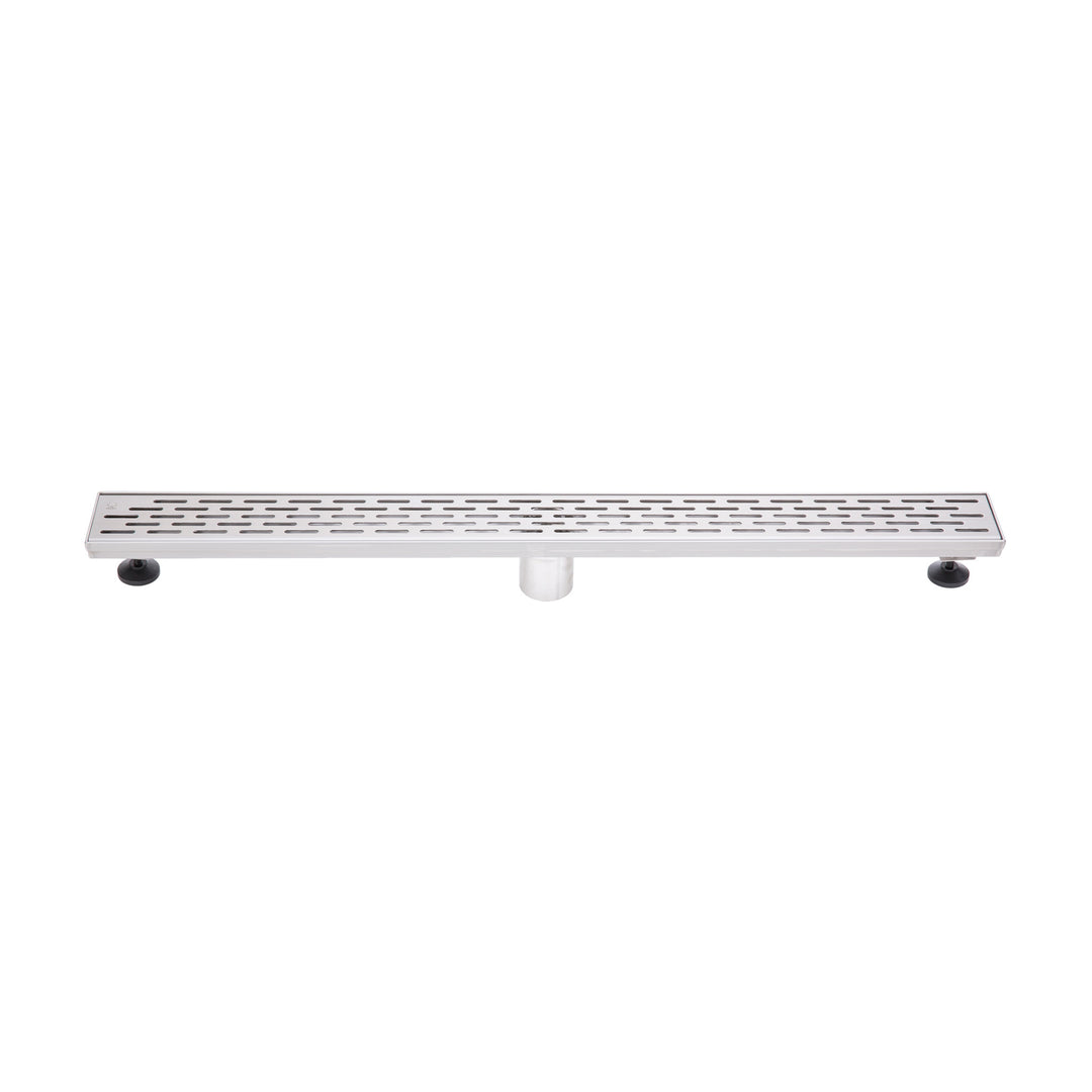 BAI 47080 Stainless Steel 32-inch Linear Shower Drain with adjustable leveling legs and a removable grate shown against a white background.