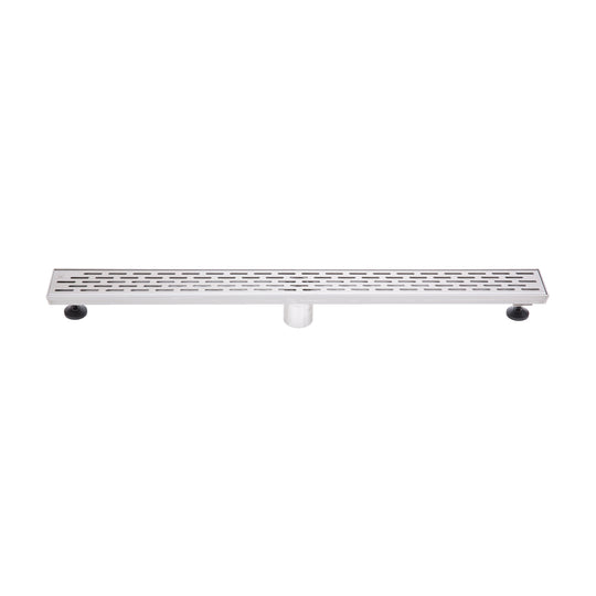 BAI 47080 Stainless Steel 32-inch Linear Shower Drain with adjustable leveling legs and a removable grate shown against a white background.