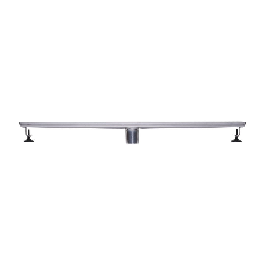 BAI 47080 Stainless Steel 32-inch Linear Shower Drain with adjustable leveling legs and a removable grate shown against a white background.