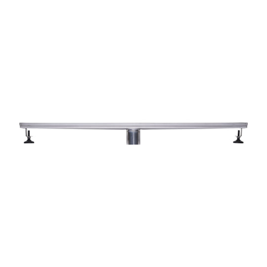 BAI 47080 Stainless Steel 32-inch Linear Shower Drain with adjustable leveling legs and a removable grate shown against a white background.