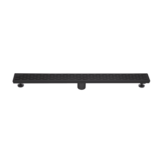 BAI 47081 Stainless Steel 32-inch Linear Shower Drain in a matte black finish with adjustable leveling legs and a removable grate shown against a white background.