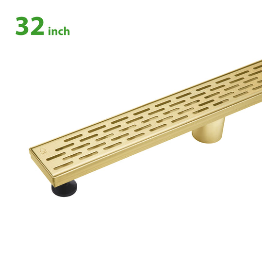 BAI 47082 Stainless Steel 32-inch Linear Shower Drain in a brushed gold finish with adjustable leveling legs and a removable grate shown against a white background.