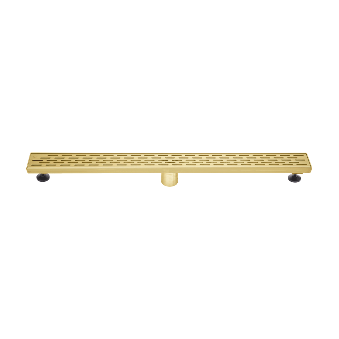 BAI 47082 Stainless Steel 32-inch Linear Shower Drain in a brushed gold finish with adjustable leveling legs and a removable grate shown against a white background.
