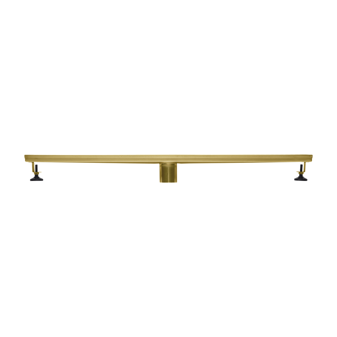 BAI 47082 Stainless Steel 32-inch Linear Shower Drain in a brushed gold finish with adjustable leveling legs and a removable grate shown against a white background.