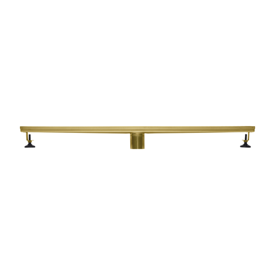 BAI 47082 Stainless Steel 32-inch Linear Shower Drain in a brushed gold finish with adjustable leveling legs and a removable grate shown against a white background.