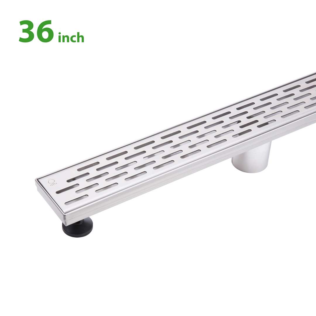 BAI 47090 Stainless Steel 36-inch Linear Shower Drain with adjustable leveling legs and a removable grate shown against a white background.