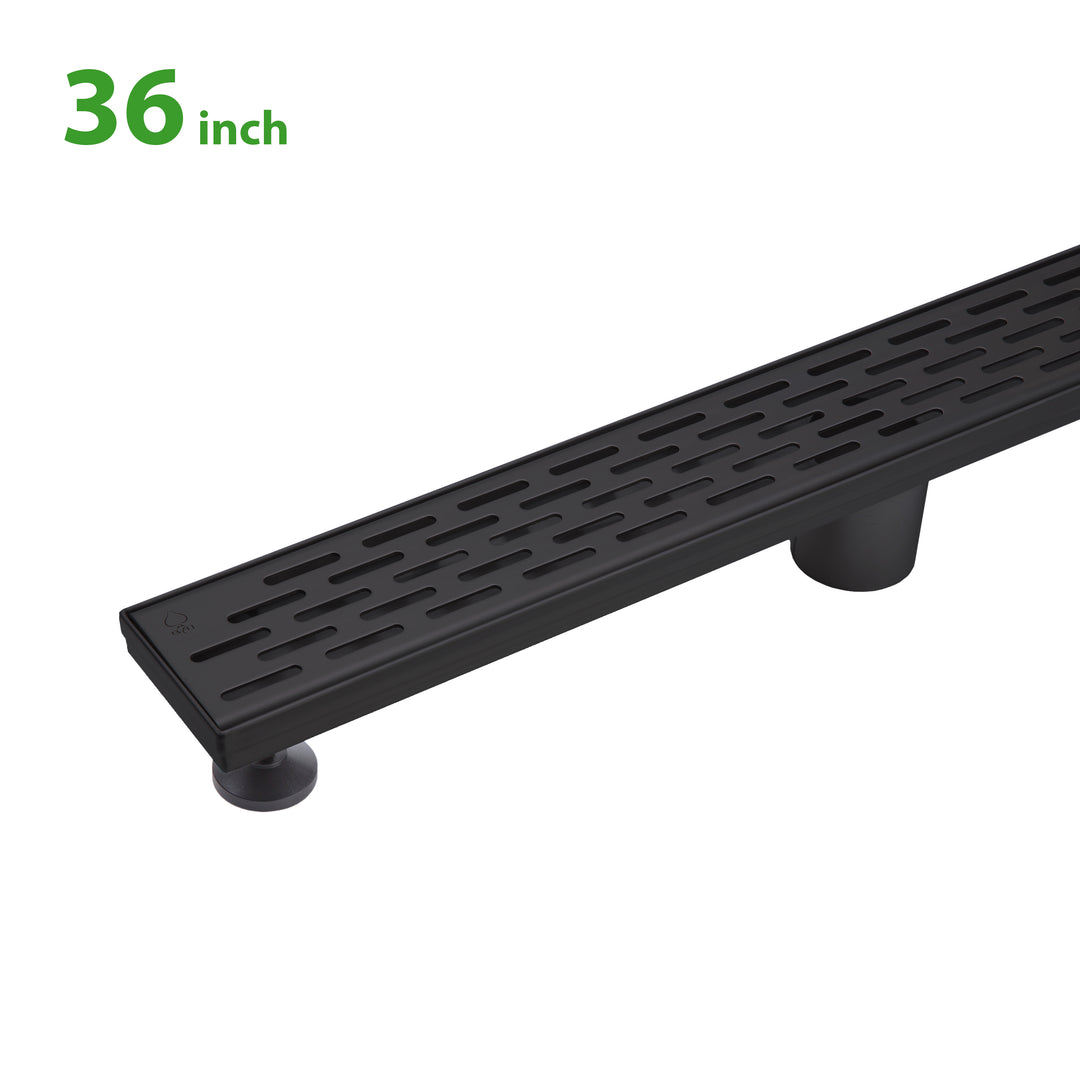 BAI 47091 Stainless Steel 36-inch Linear Shower Drain in a matte black finish with adjustable leveling legs and a removable grate shown against a white background.