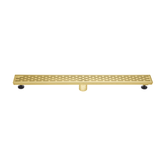 BAI 47092 Stainless Steel 36-inch Linear Shower Drain in a brushed gold finish with adjustable leveling legs and a removable grate shown against a white background.