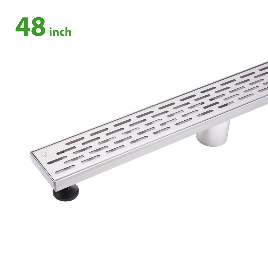 BAI 47100 Stainless Steel 48-inch Linear Shower Drain with adjustable leveling legs and a removable grate shown against a white background.