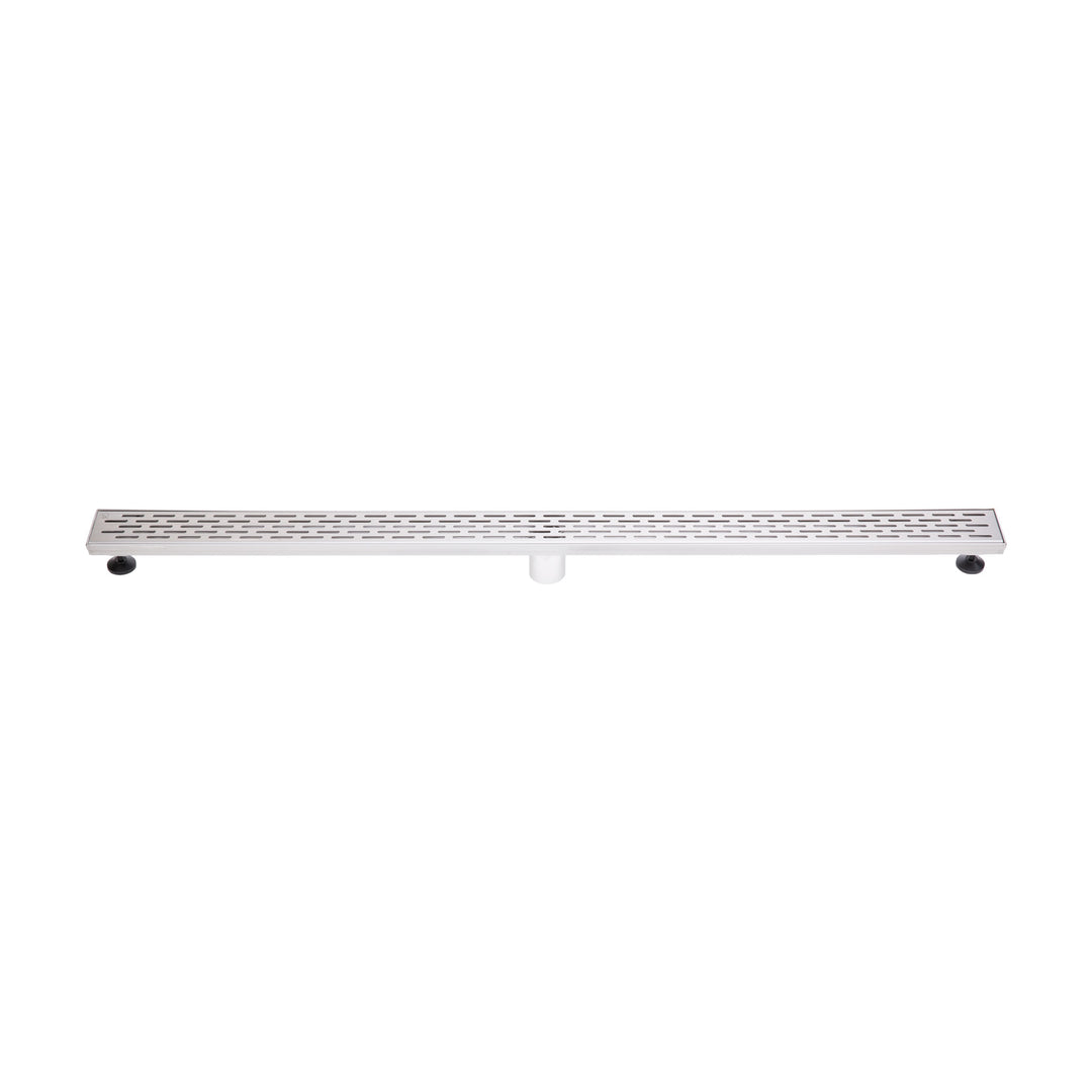 BAI 47100 Stainless Steel 48-inch Linear Shower Drain with adjustable leveling legs and a removable grate shown against a white background.