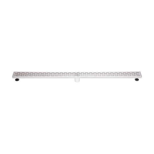 BAI 47100 Stainless Steel 48-inch Linear Shower Drain with adjustable leveling legs and a removable grate shown against a white background.