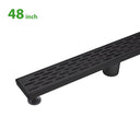 BAI 47101 Stainless Steel 48-inch Linear Shower Drain in a matte black finish with adjustable leveling legs and a removable grate shown against a white background.