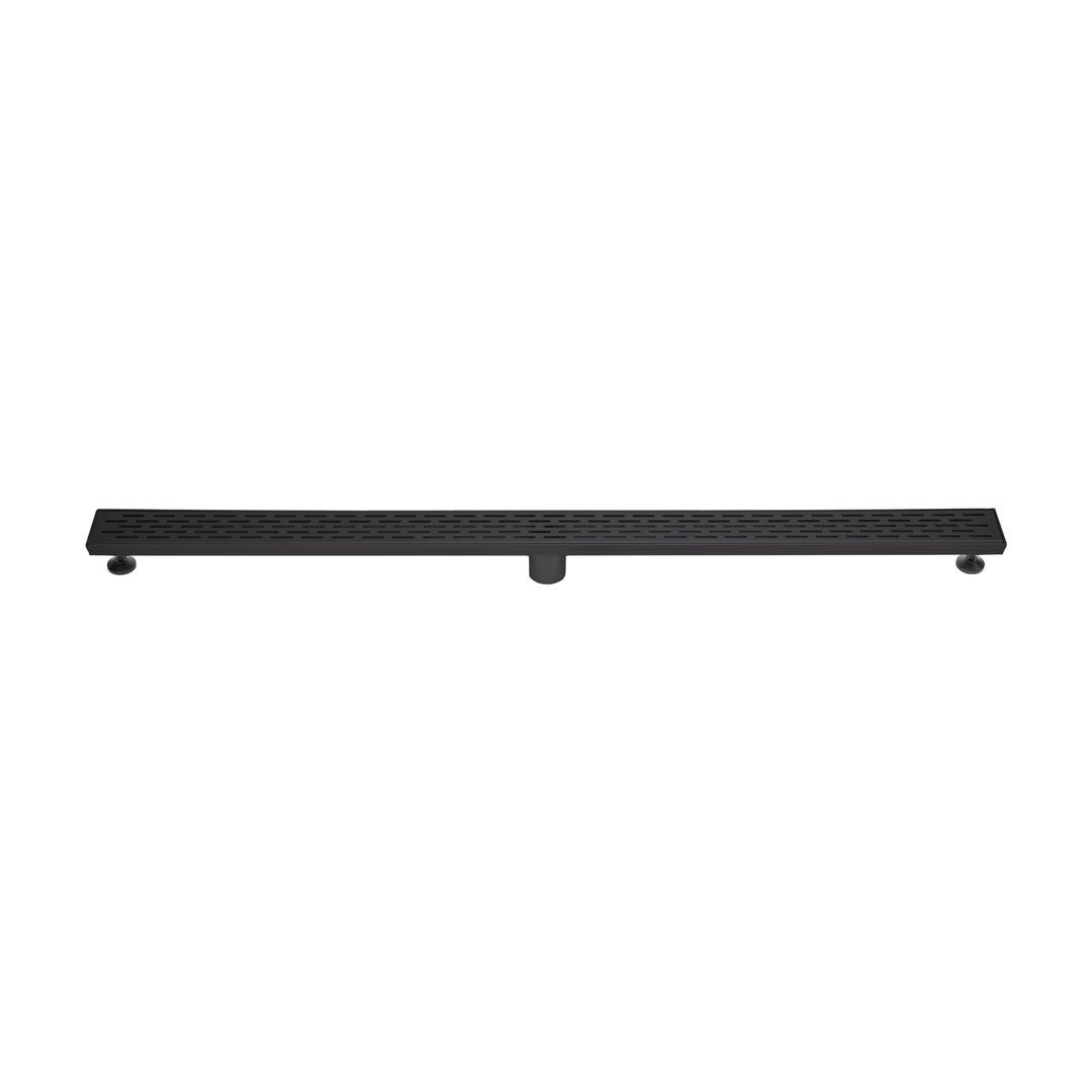 BAI 47101 Stainless Steel 48-inch Linear Shower Drain in a matte black finish with adjustable leveling legs and a removable grate shown against a white background.