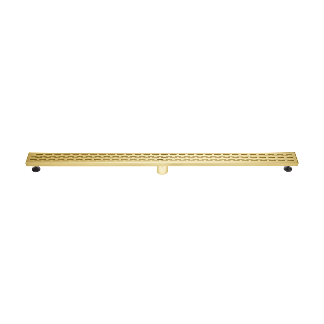 BAI 47102 Stainless Steel 48-inch Linear Shower Drain in a brushed gold finish with adjustable leveling legs and a removable grate shown against a white background.