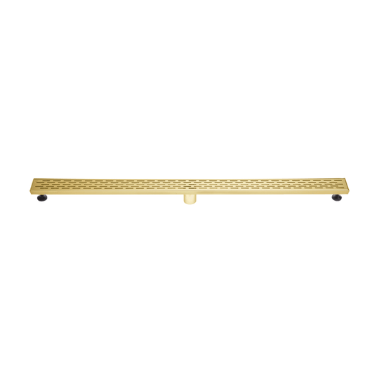 BAI 47102 Stainless Steel 48-inch Linear Shower Drain in a brushed gold finish with adjustable leveling legs and a removable grate shown against a white background.