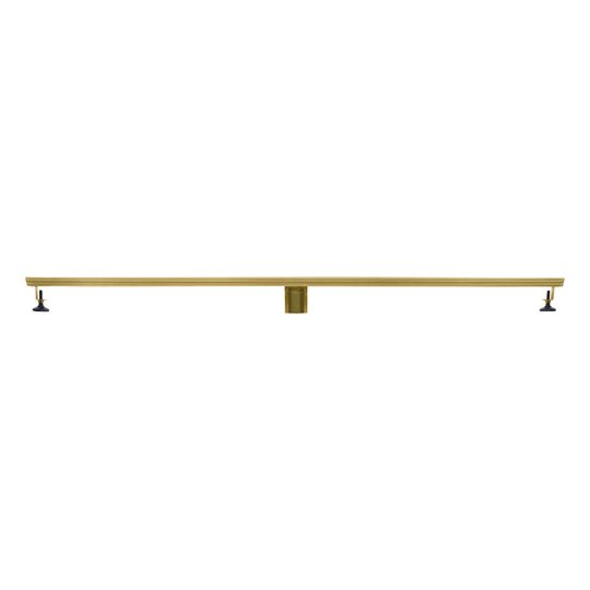BAI 47102 Stainless Steel 48-inch Linear Shower Drain in a brushed gold finish with adjustable leveling legs and a removable grate shown against a white background.