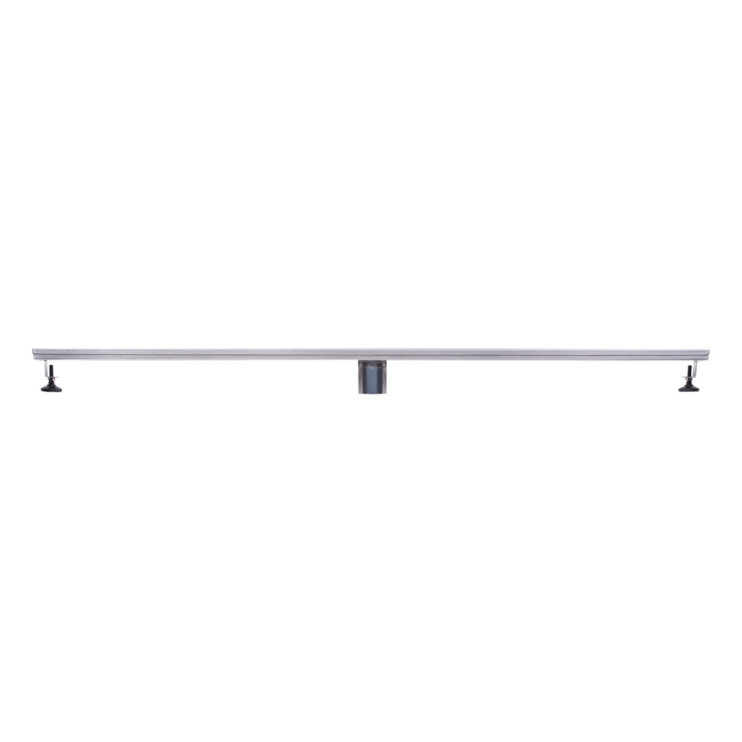 BAI 47110 Stainless Steel 60-inch Linear Shower Drain with adjustable leveling legs and a removable grate shown in a side view against a white background.